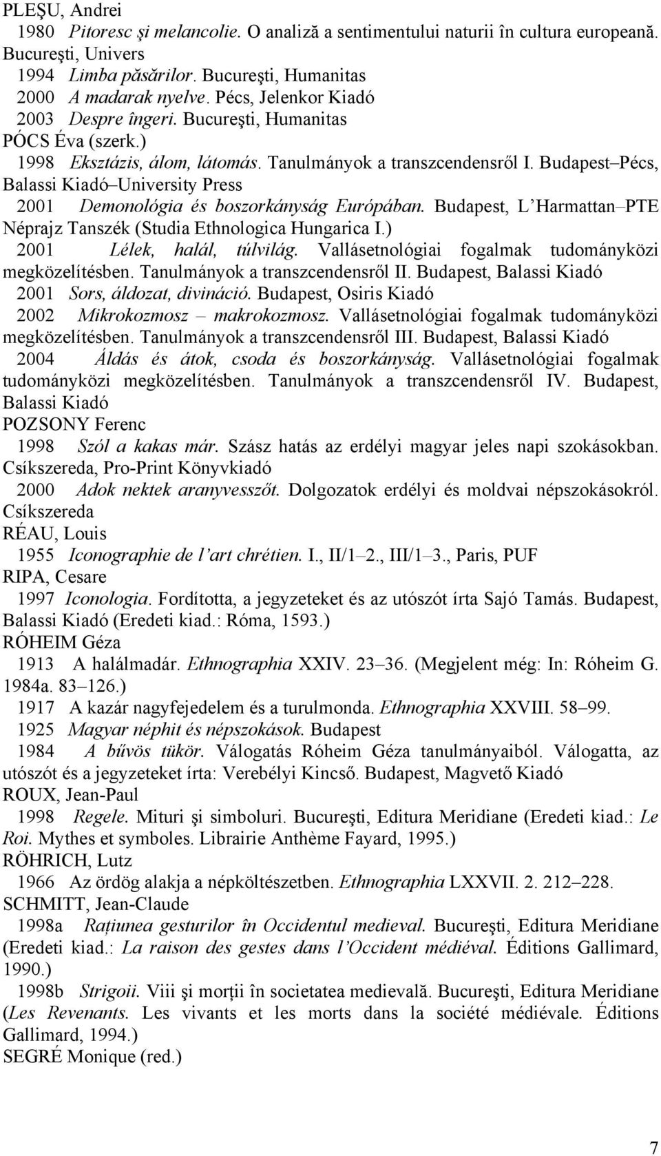 Budapest Pécs, Balassi Kiadó University Press 2001 Demonológia és boszorkányság Európában. Budapest, L Harmattan PTE Néprajz Tanszék (Studia Ethnologica Hungarica I.) 2001 Lélek, halál, túlvilág.