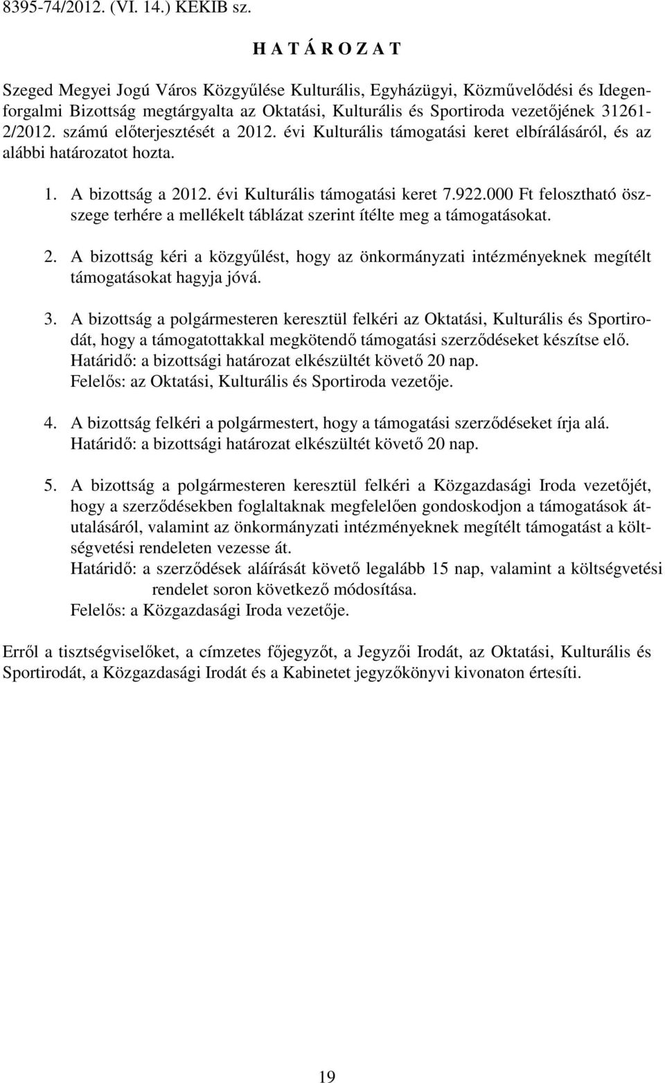 számú elıterjesztését a 2012. évi Kulturális támogatási keret elbírálásáról, és az alábbi határozatot hozta. 1. A bizottság a 2012. évi Kulturális támogatási keret 7.922.