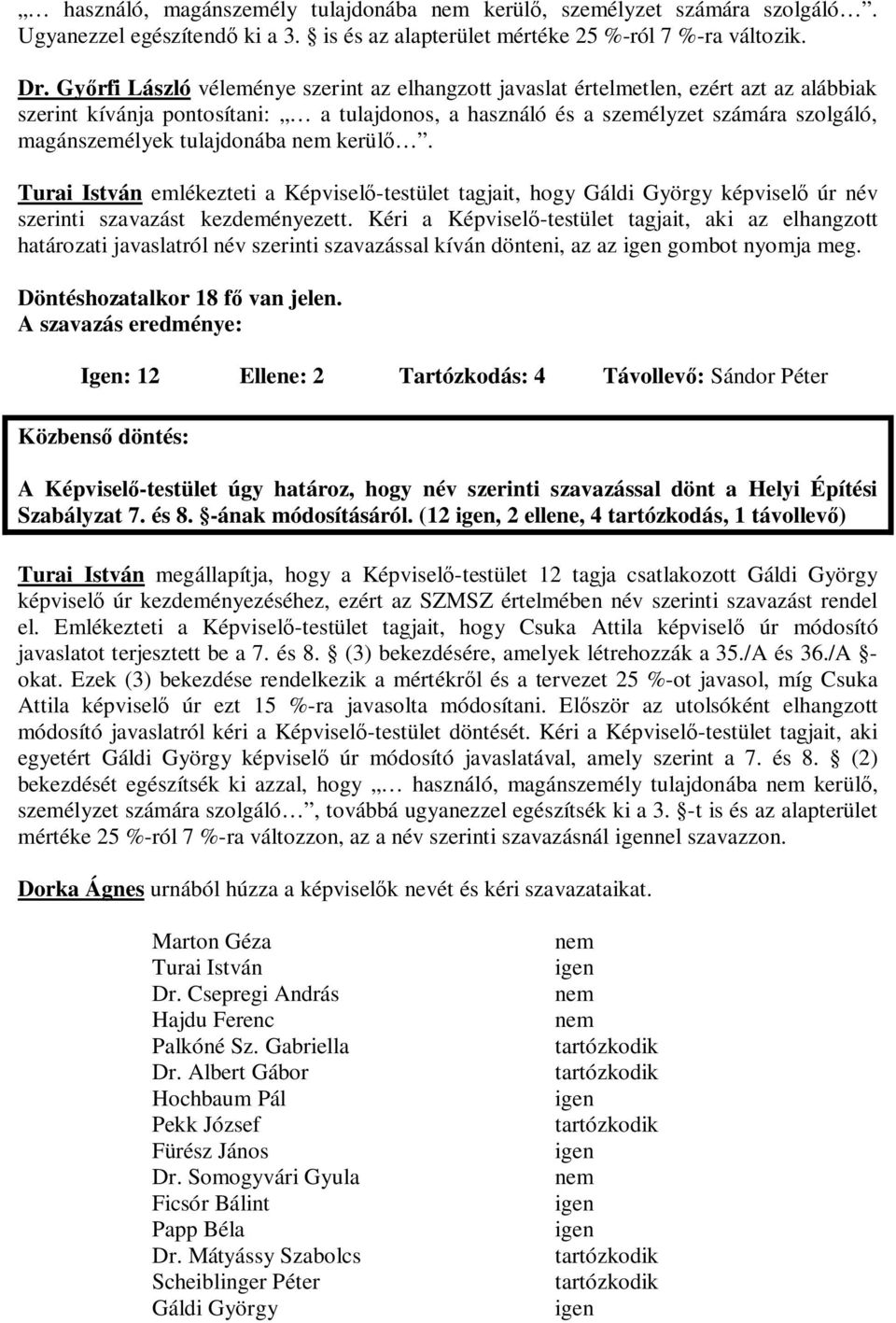 tulajdonába kerül. Turai István emlékezteti a Képvisel -testület tagjait, hogy Gáldi György képvisel úr név szerinti szavazást kezdeményezett.