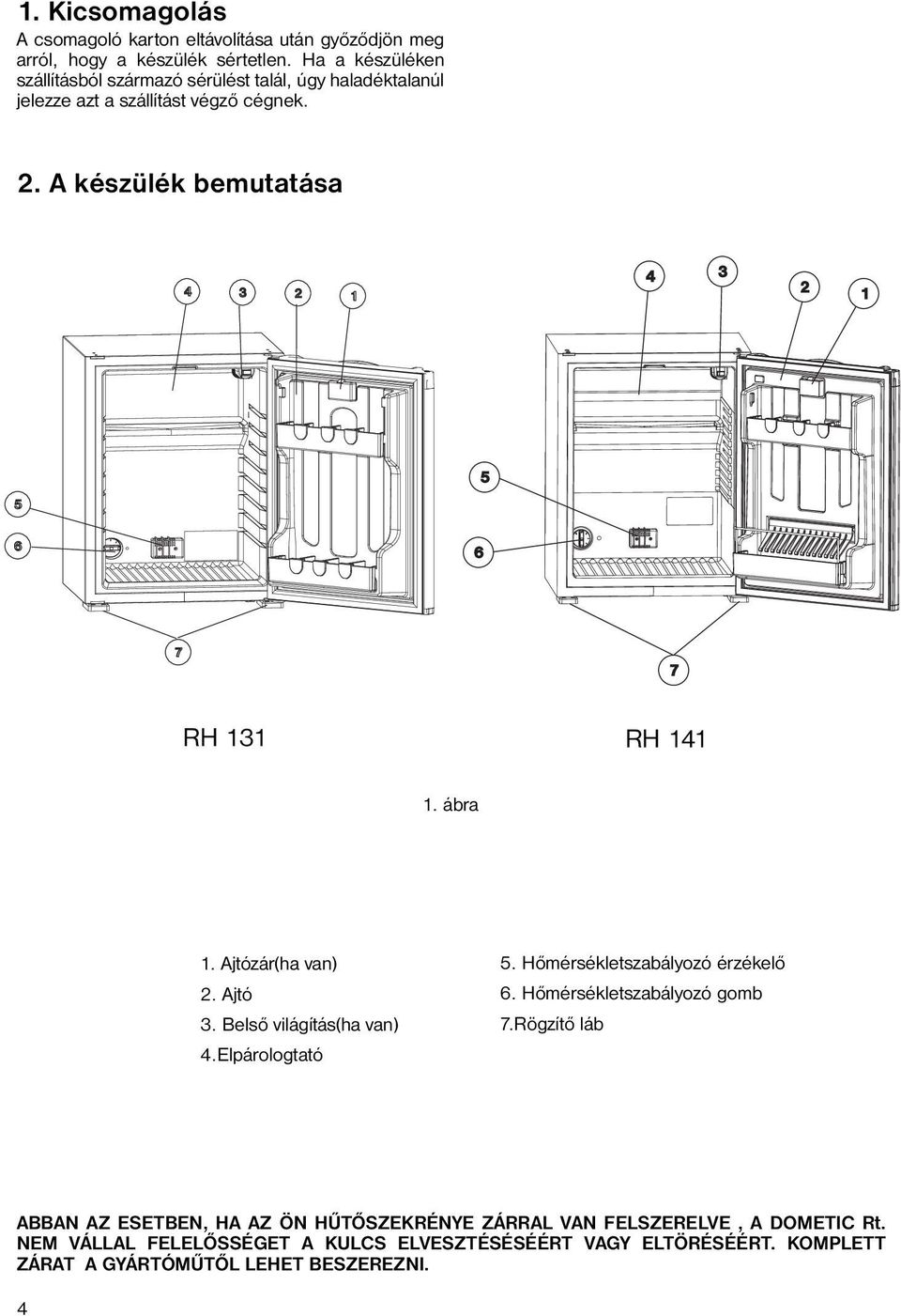 A készülék bemutatása 4 3 2 1 4 3 2 1 5 5 6 6 7 7 RH 131 RH 141 1. ábra 1. Ajtózár(ha van) 2. Ajtó 3. Belső világítás(ha van) 4.Elpárologtató 5.