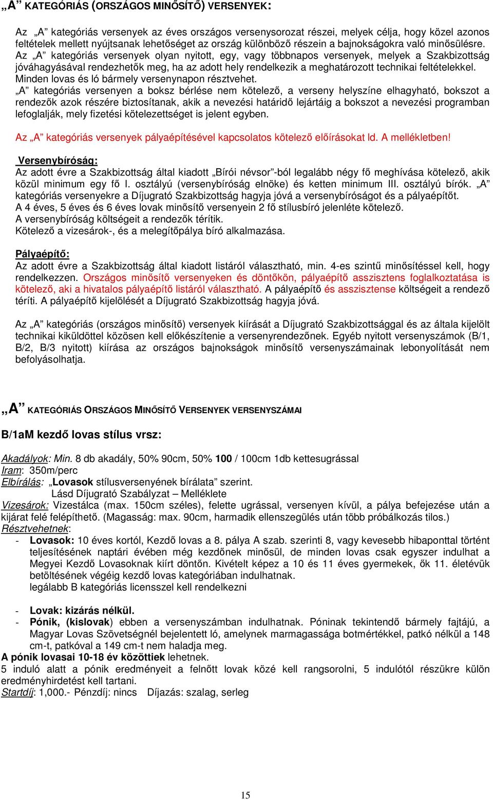 Az A kategóriás versenyek olyan nyitott, egy, vagy többnapos versenyek, melyek a Szakbizottság jóváhagyásával rendezhetők meg, ha az adott hely rendelkezik a meghatározott technikai feltételekkel.