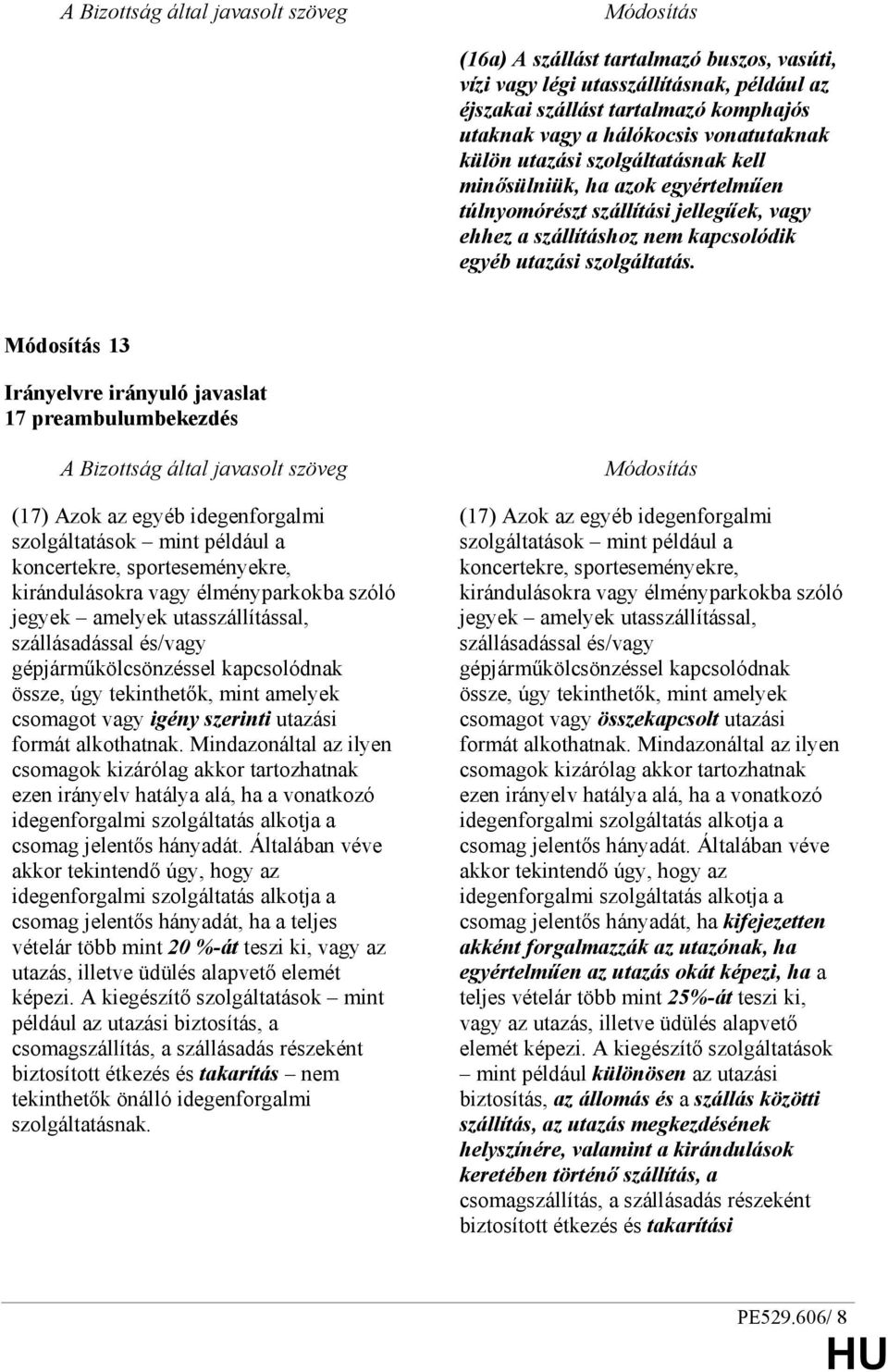 13 17 preambulumbekezdés (17) Azok az egyéb idegenforgalmi szolgáltatások mint például a koncertekre, sporteseményekre, kirándulásokra vagy élményparkokba szóló jegyek amelyek utasszállítással,