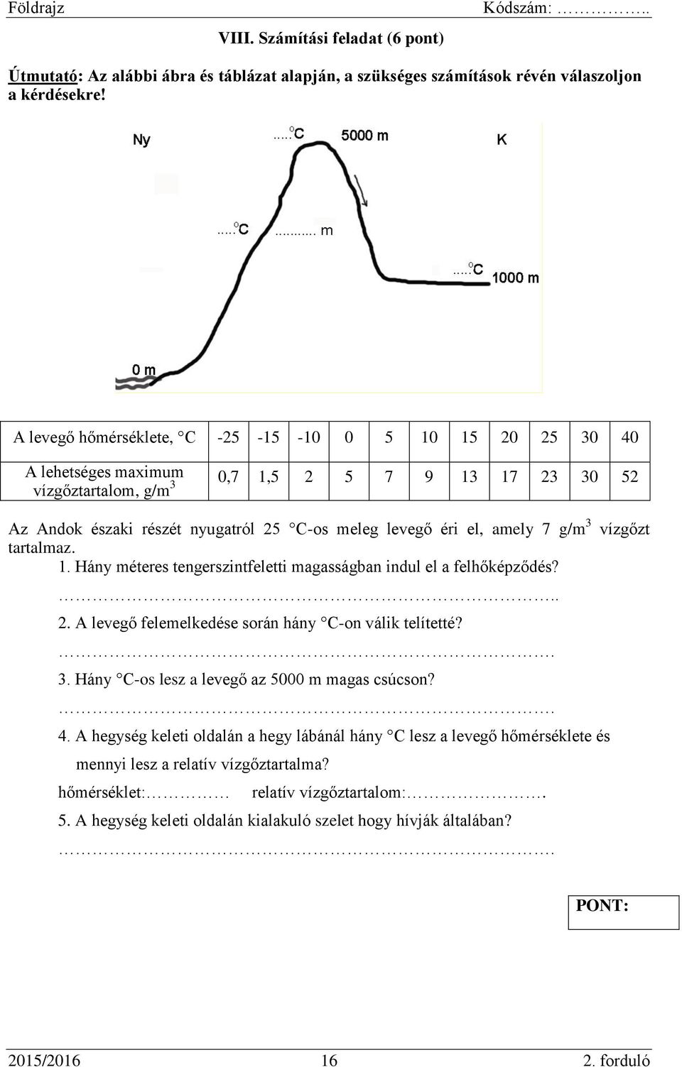 7 g/m 3 vízgőzt tartalmaz. 1. Hány méteres tengerszintfeletti magasságban indul el a felhőképződés?.. 2. A levegő felemelkedése során hány C-on válik telítetté?. 3. Hány C-os lesz a levegő az 5000 m magas csúcson?