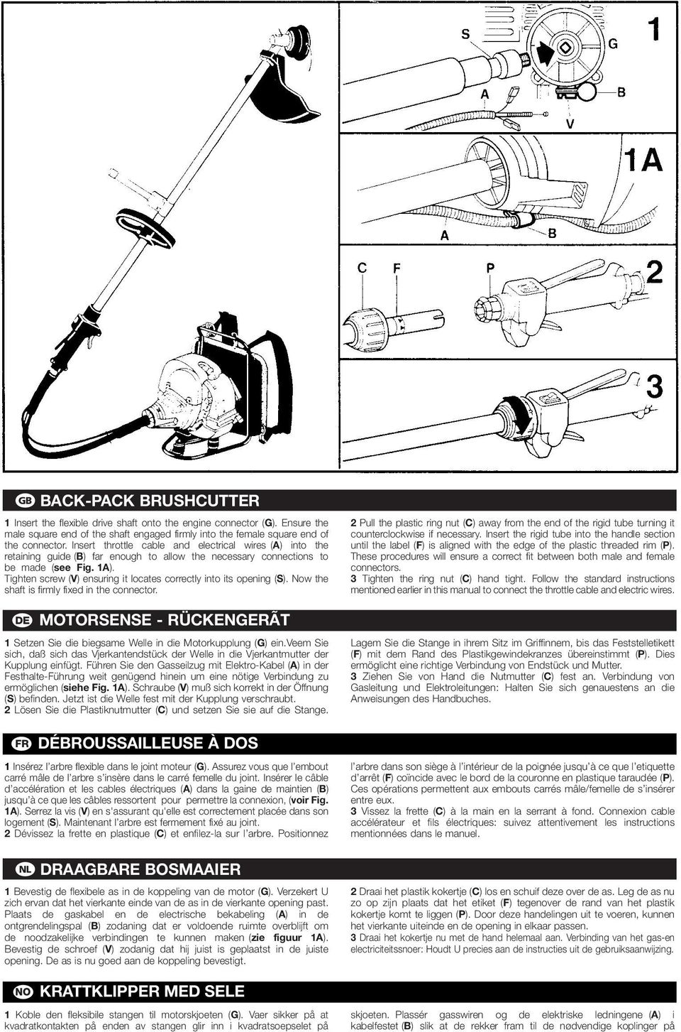 Tighten screw (V) ensuring it locates correctly into its opening (S). Now the shaft is firmly fixed in the connector. DE 1 Setzen Sie die biegsame Welle in die Motorkupplung (G) ein.