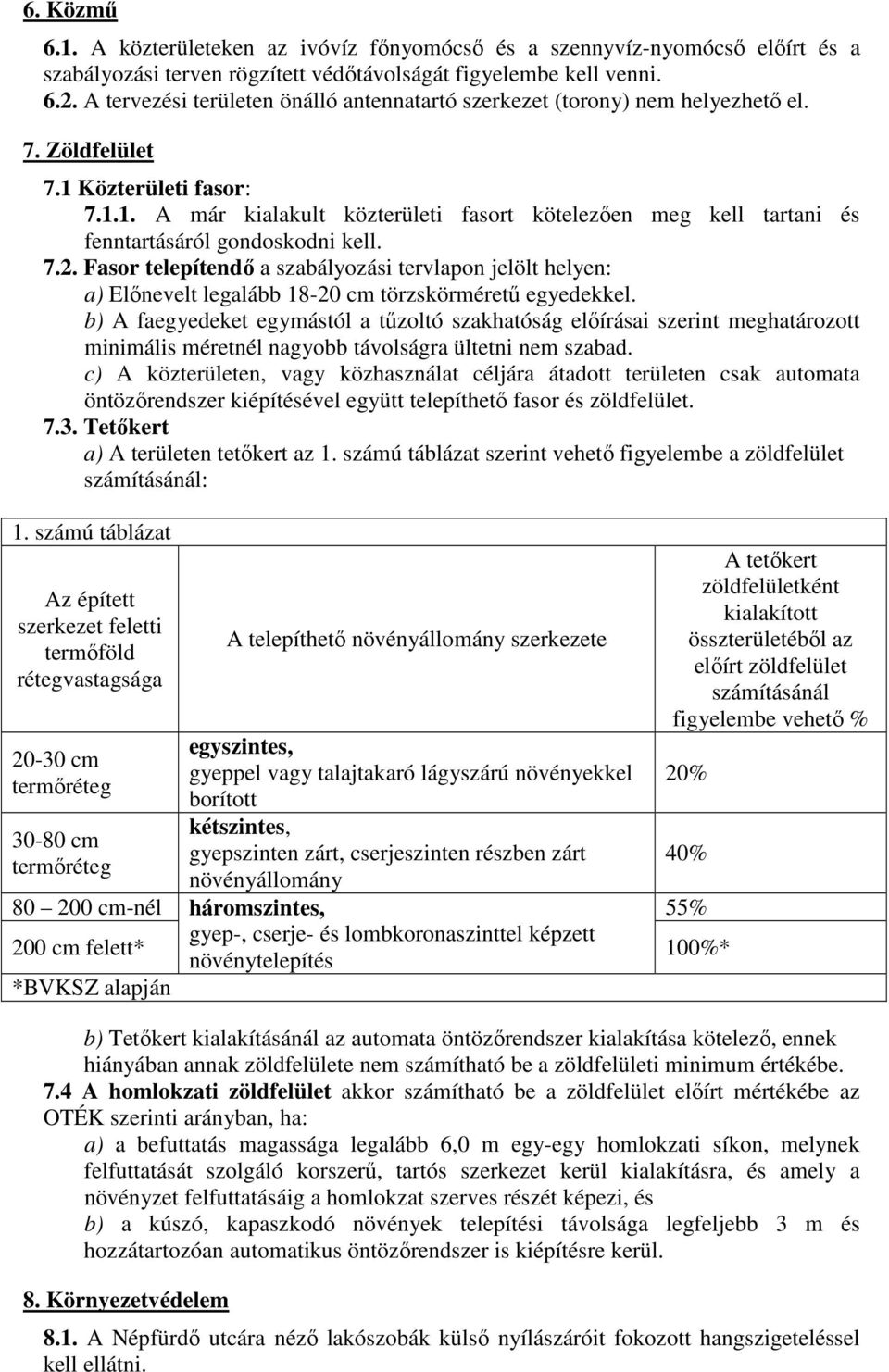 7.2. Fasor telepítendő a szabályozási tervlapon jelölt helyen: a) Előnevelt legalább 18-20 cm törzskörméretű egyedekkel.