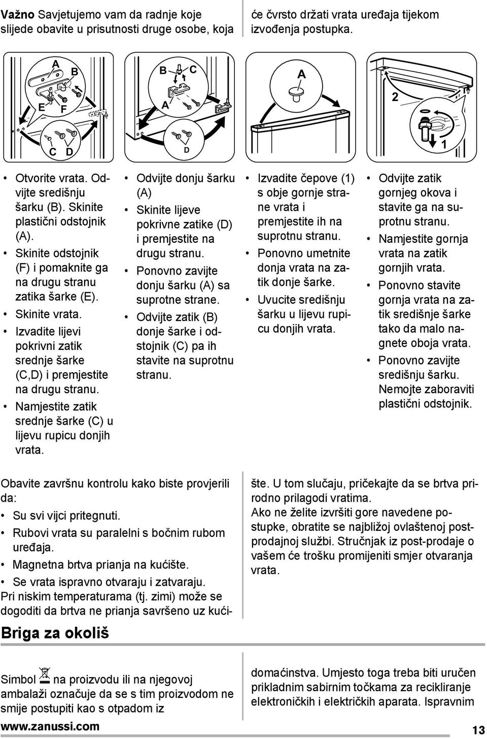 Izvadite lijevi pokrivni zatik srednje šarke (C,D) i premjestite na drugu stranu. Namjestite zatik srednje šarke (C) u lijevu rupicu donjih vrata.