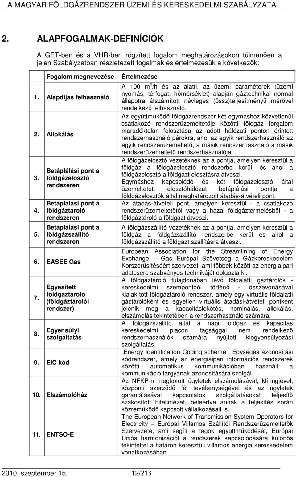 Egyesített földgáztároló (földgáztárolói rendszer) Egyensúlyi szolgáltatás 9. EIC kód 10. Elszámolóház 11.