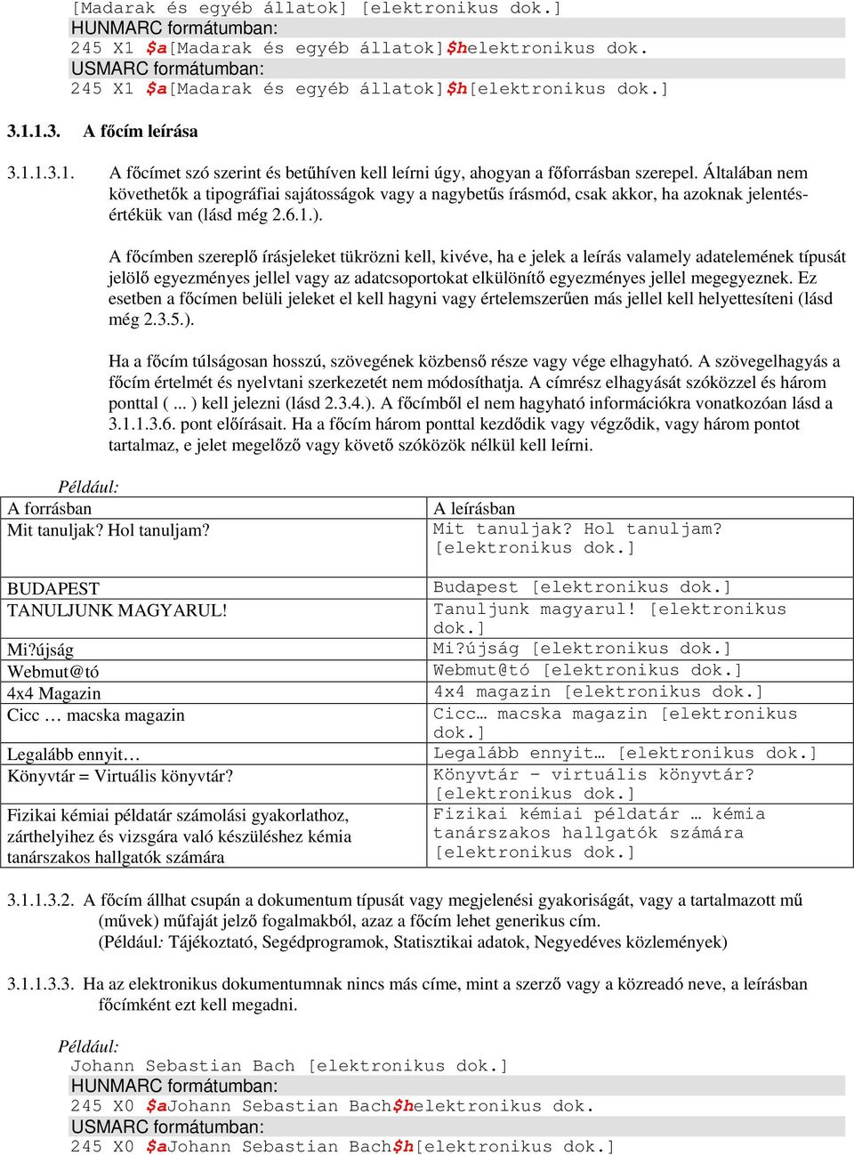 A f címben szerepl írásjeleket tükrözni kell, kivéve, ha e jelek a leírás valamely adatelemének típusát jelöl egyezményes jellel vagy az adatcsoportokat elkülönít egyezményes jellel megegyeznek.