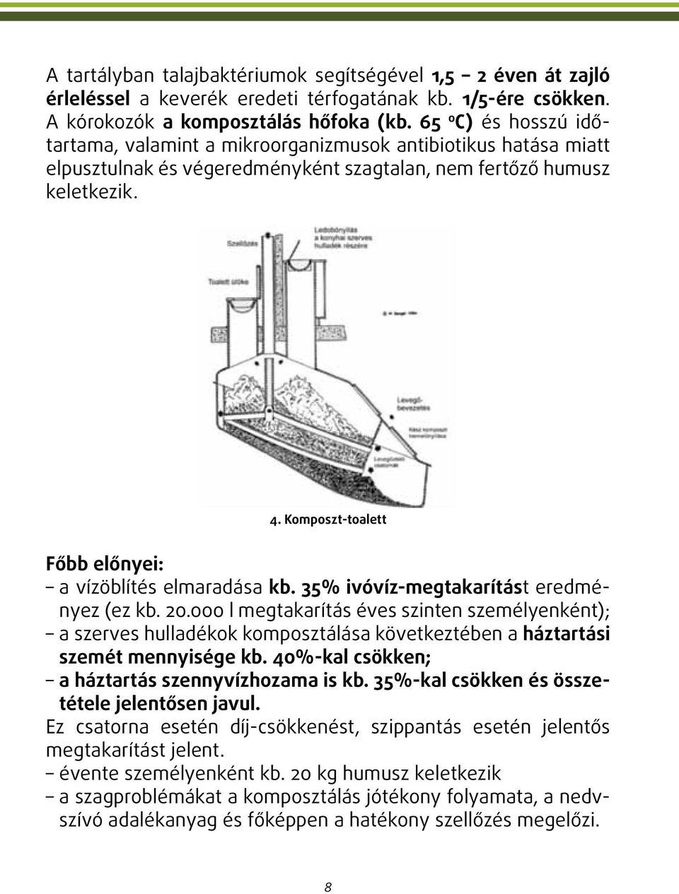 Komposzt-toalett Főbb előnyei: a vízöblítés elmaradása kb. 35% ivóvíz-megtakarítást eredményez (ez kb. 20.