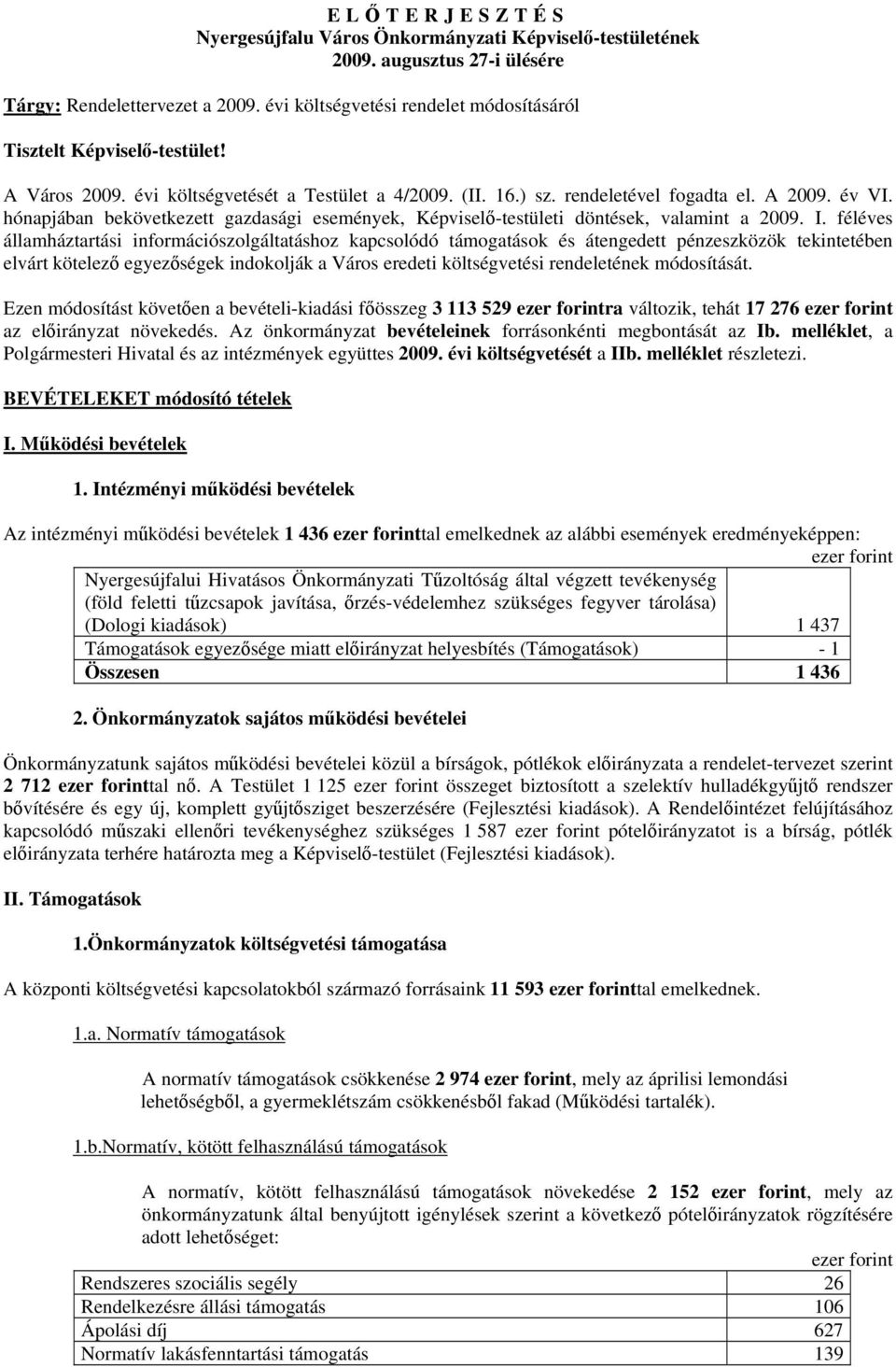 hónapjában bekövetkezett gazdasági események, Képviselő-testületi döntések, valamint a 2009. I.