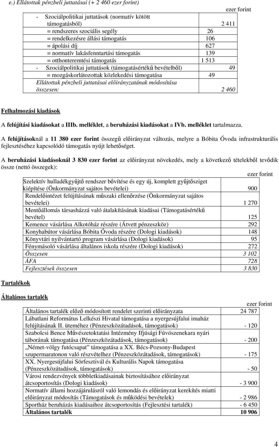 Ellátottak pénzbeli juttatásai előirányzatának módosítása összesen: 2 460 Felhalmozási kiadások A felújítási kiadásokat a IIIb. melléklet, a beruházási kiadásokat a IVb. melléklet tartalmazza.