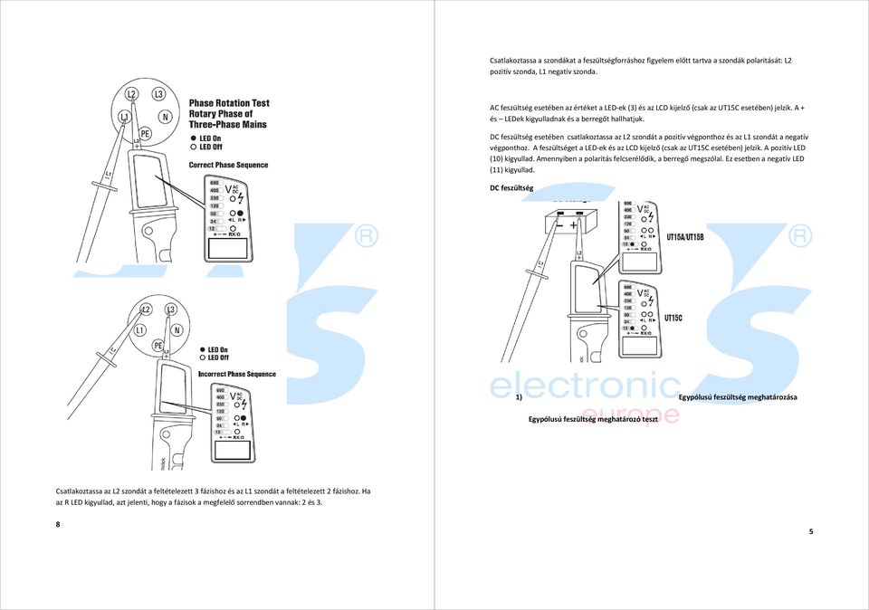 DC feszültség esetében csatlakoztassa az L2 szondát a pozitív végponthoz és az L1 szondát a negatív végponthoz. A feszültséget a LED-ek és az LCD kijelző (csak az UT15C esetében) jelzik.