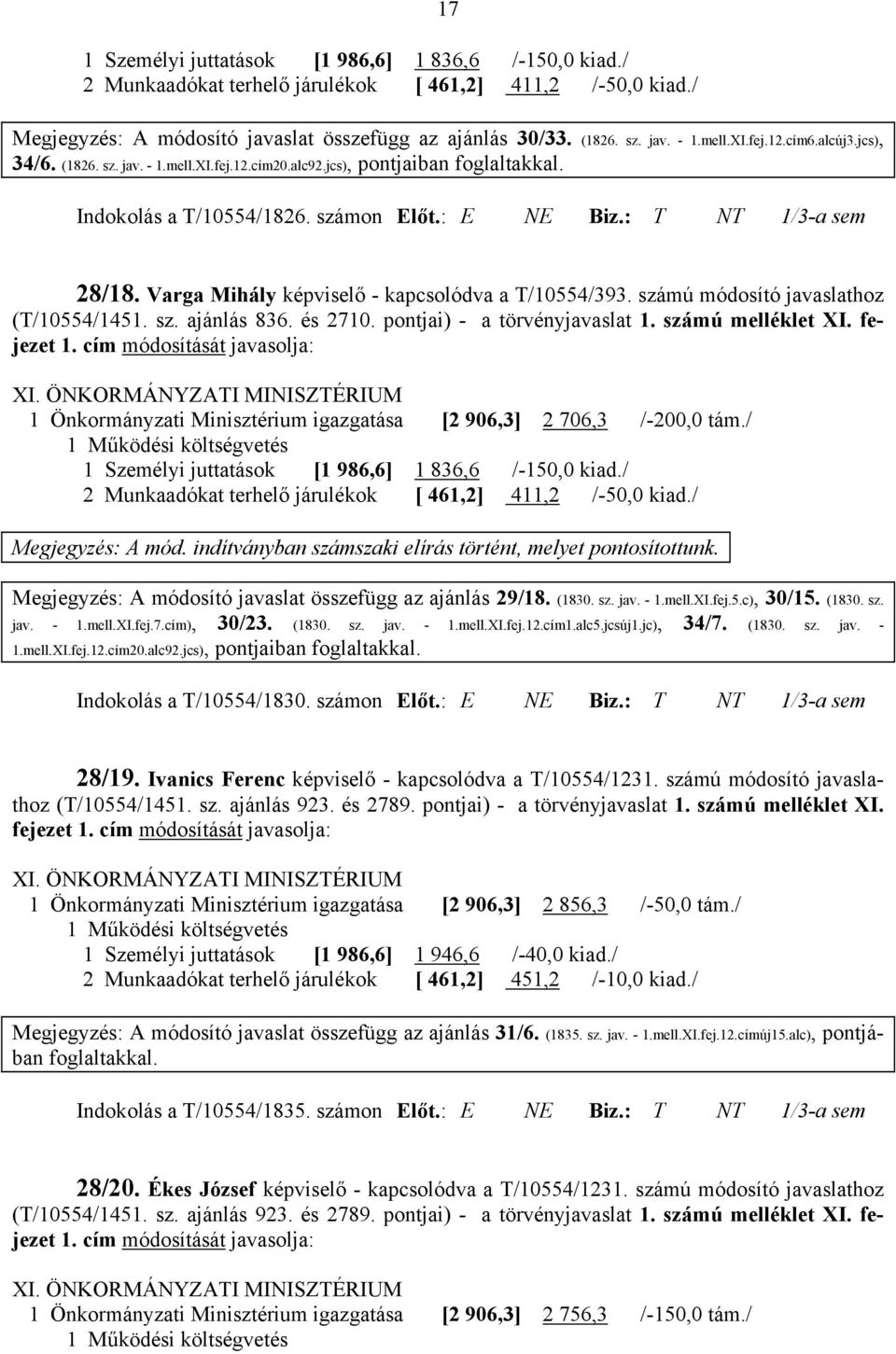 Varga Mihály képviselő - kapcsolódva a T/10554/393. számú módosító javaslathoz (T/10554/1451. sz. ajánlás 836. és 2710. pontjai) - a törvényjavaslat 1. számú melléklet XI. fejezet 1.