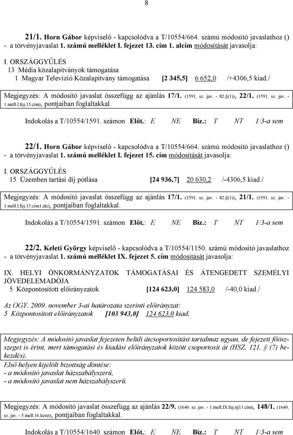 jav. - 82. (1)), 22/1. (1591. sz. jav. - 1.mell.I.fej.15.cím), pontjaiban Indokolás a T/10554/1591. számon Előt.: E NE Biz.: T NT 1/3-a sem 22/1. Horn Gábor képviselő - kapcsolódva a T/10554/664.