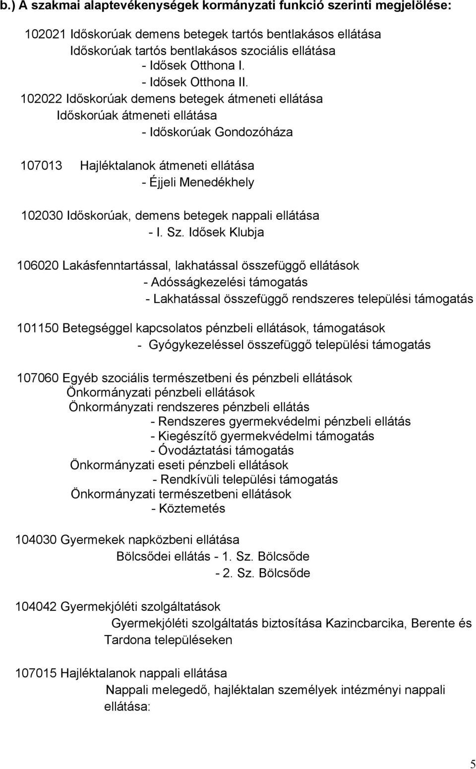 102022 Időskorúak demens betegek átmeneti ellátása Időskorúak átmeneti ellátása - Időskorúak Gondozóháza 107013 Hajléktalanok átmeneti ellátása - Éjjeli Menedékhely 102030 Időskorúak, demens betegek