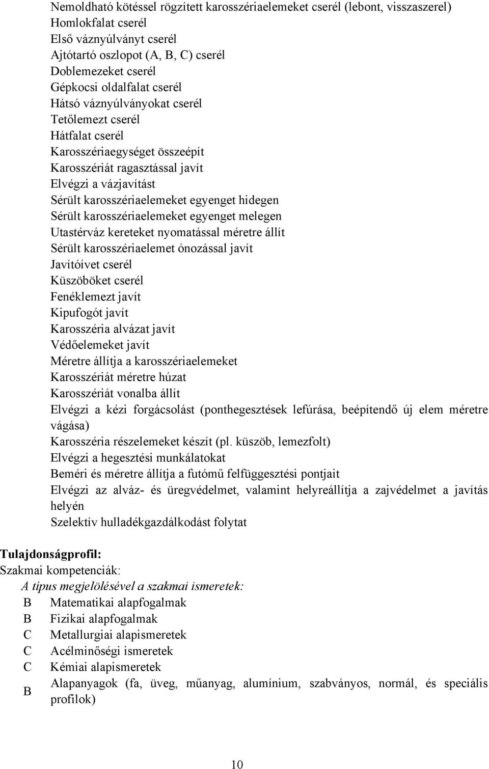 Sérült karosszériaelemeket egyenget melegen Utastérváz kereteket nyomatással méretre állít Sérült karosszériaelemet ónozással javít Javítóívet cserél Küszöböket cserél Fenéklemezt javít Kipufogót