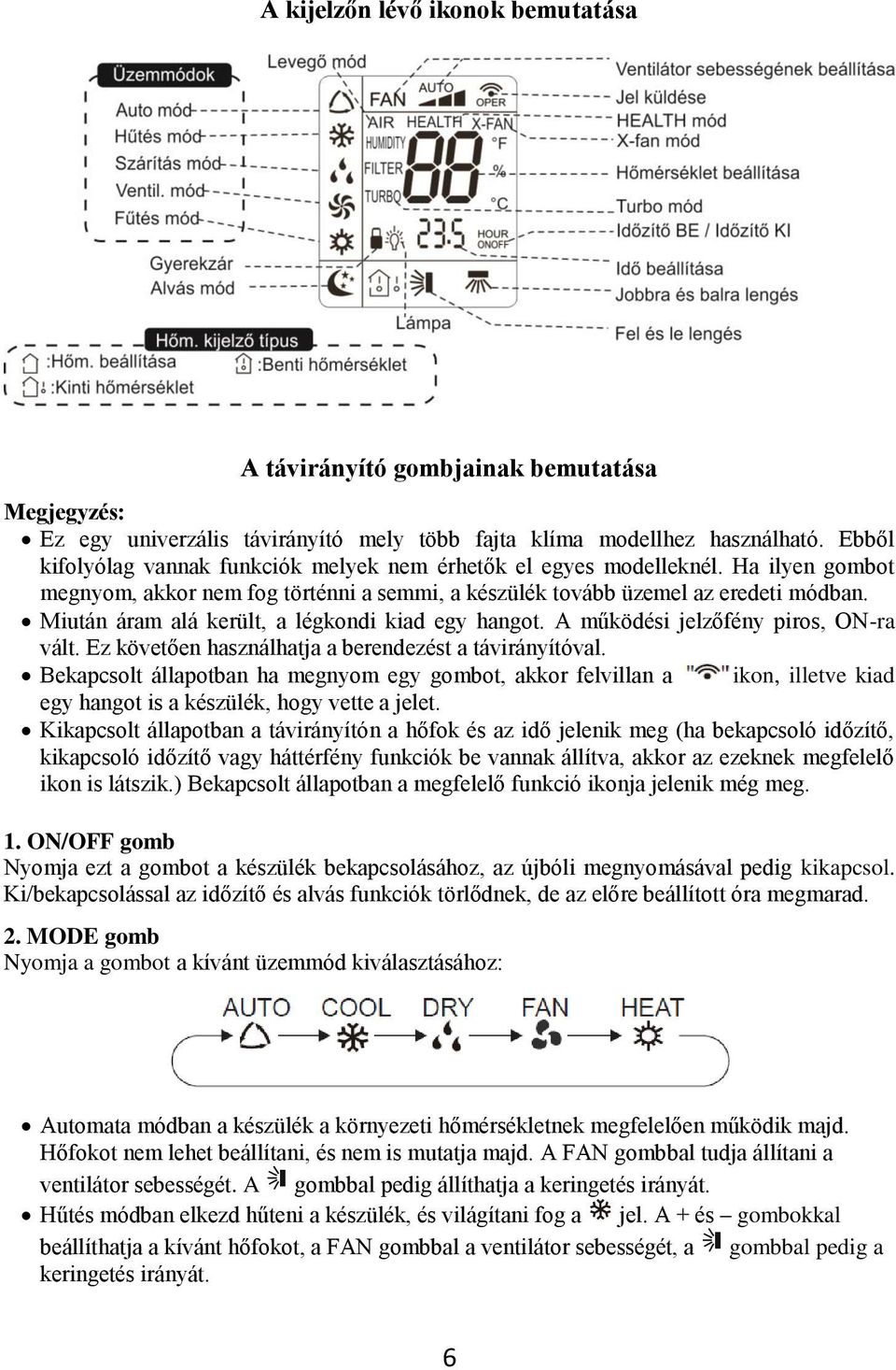 Miután áram alá került, a légkondi kiad egy hangot. A működési jelzőfény piros, ON-ra vált. Ez követően használhatja a berendezést a távirányítóval.