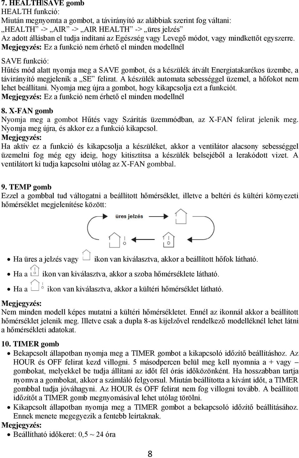 Megjegyzés: Ez a funkció nem érhető el minden modellnél SAVE funkció: Hűtés mód alatt nyomja meg a SAVE gombot, és a készülék átvált Energiatakarékos üzembe, a távirányító megjelenik a SE felirat.