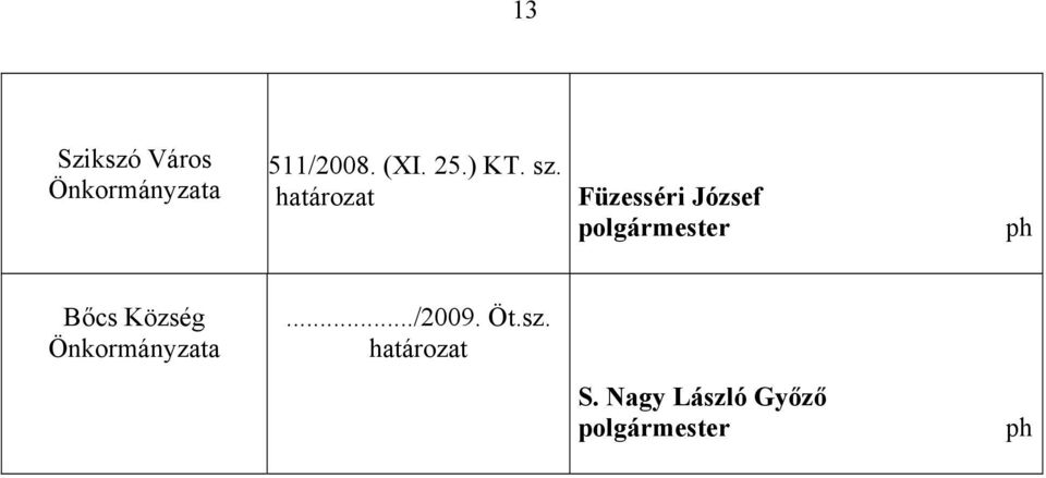 határozat Füzesséri József polgármester ph Bőcs