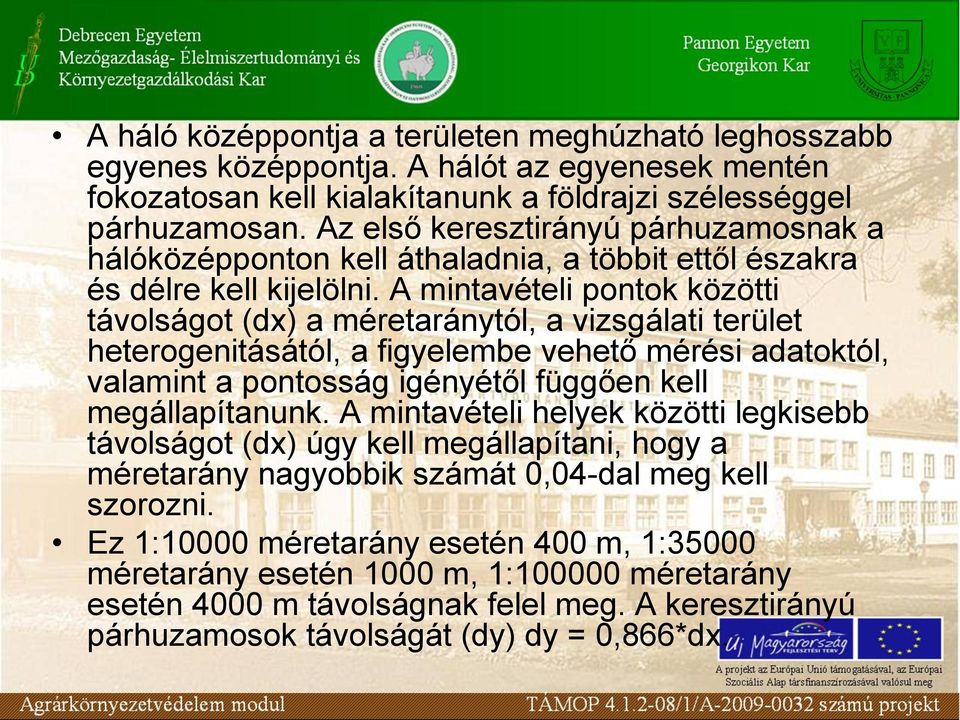 A mintavételi pontok közötti távolságot (dx) a méretaránytól, a vizsgálati terület heterogenitásától, a figyelembe vehető mérési adatoktól, valamint a pontosság igényétől függően kell megállapítanunk.