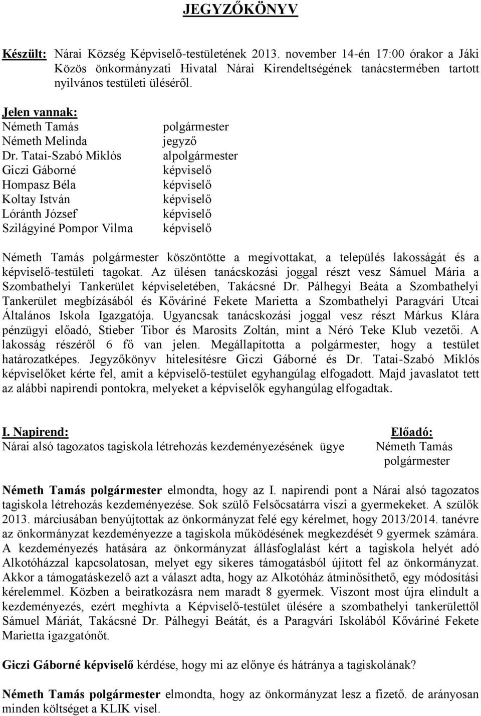 Tatai-Szabó Miklós Giczi Gáborné Hompasz Béla Koltay István Lóránth József Szilágyiné Pompor Vilma jegyző al képviselő képviselő képviselő képviselő képviselő köszöntötte a megívottakat, a település