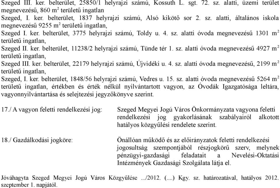 ker. belterület, 11238/2 helyrajzi számú, Tünde tér 1. sz. alatti óvoda megnevezésű 4927 m 2 területű ingatlan, Szeged III. ker. belterület, 22179 helyrajzi számú, Újvidéki u. 4. sz. alatti óvoda megnevezésű, 2199 m 2 területű ingatlan, Szeged, I.