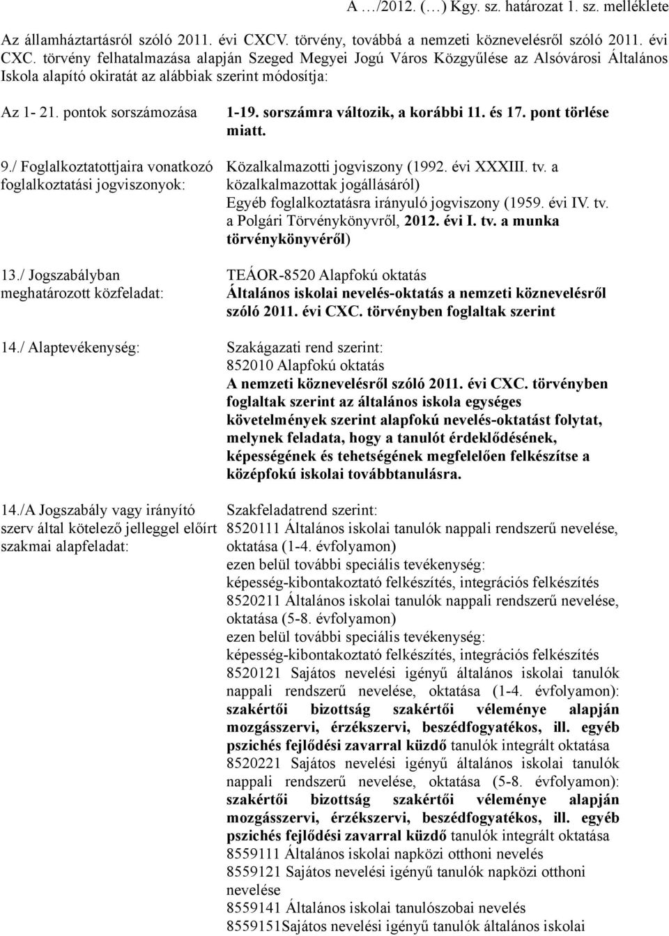 törvény felhatalmazása alapján Szeged Megyei Jogú Város Közgyűlése az Alsóvárosi Általános Iskola alapító okiratát az alábbiak szerint módosítja: Az 1-21. pontok sorszámozása 9.