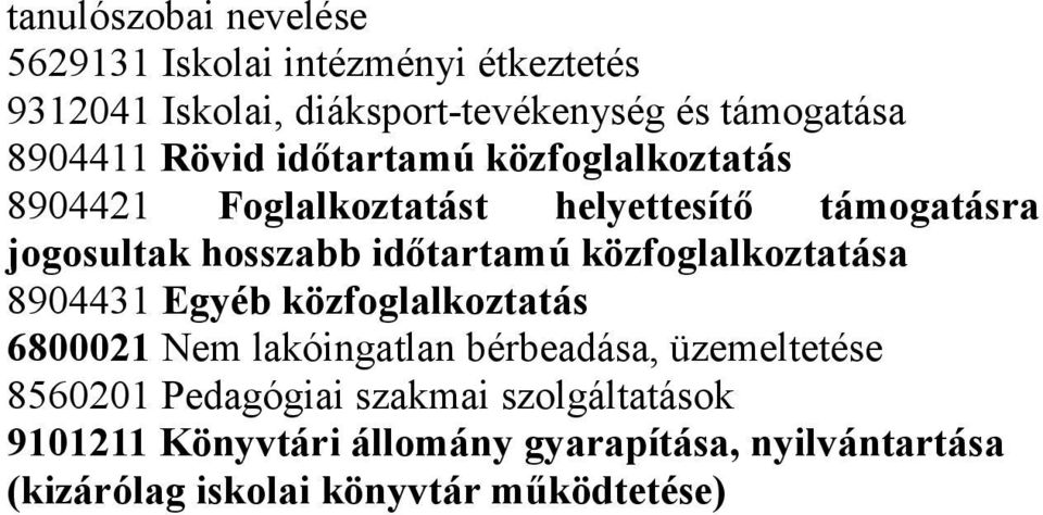 időtartamú közfoglalkoztatása 8904431 Egyéb közfoglalkoztatás 6800021 Nem lakóingatlan bérbeadása, üzemeltetése