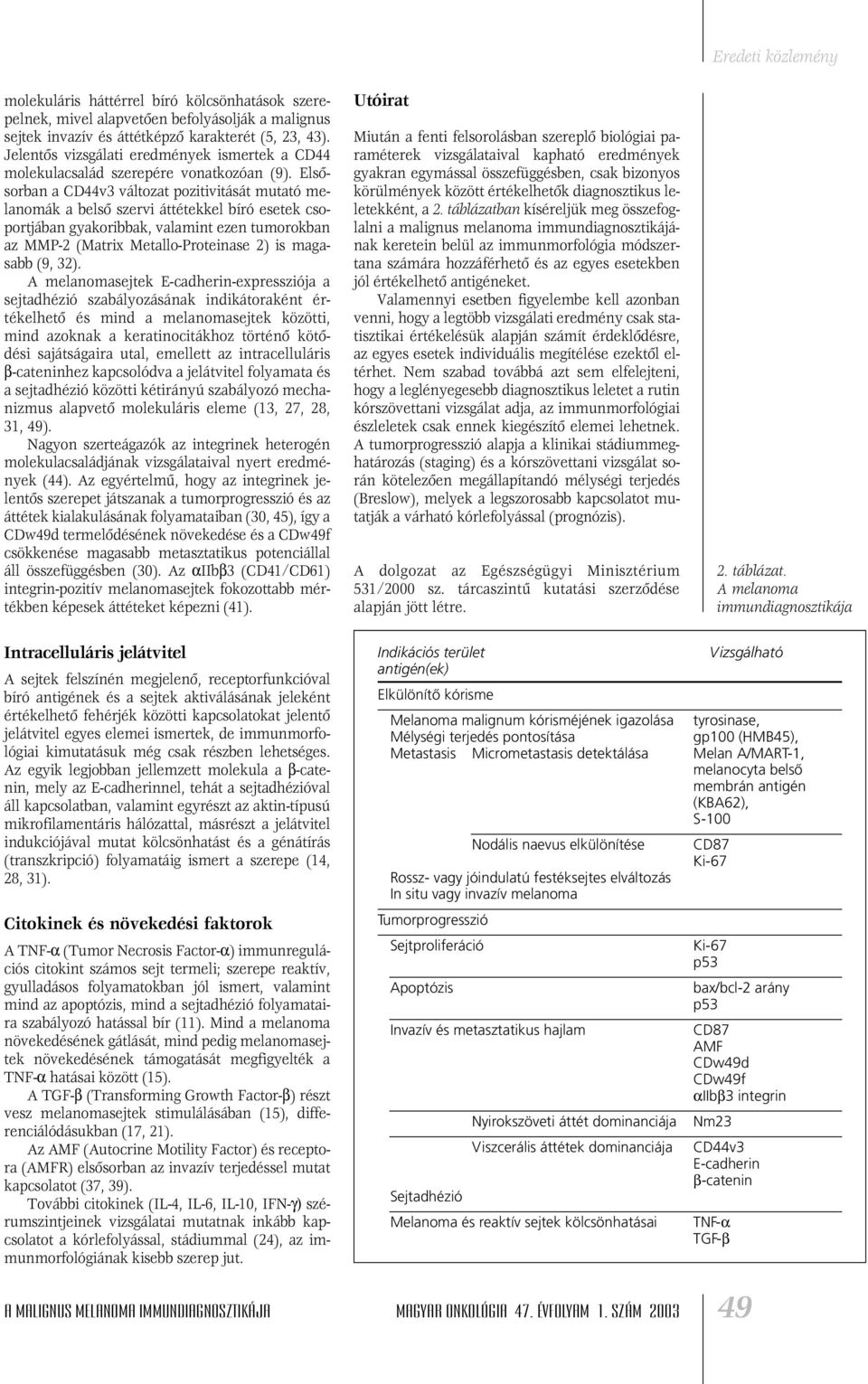 Elsôsorban a CD44v3 változat pozitivitását mutató melanomák a belsô szervi áttétekkel bíró esetek csoportjában gyakoribbak, valamint ezen tumorokban az MMP-2 (Matrix Metallo-Proteinase 2) is magasabb