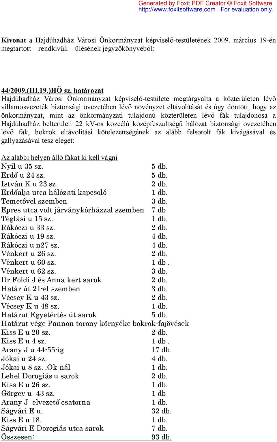 mint az önkormányzati tulajdonú közterületen lévő fák tulajdonosa a Hajdúhadház belterületi 22 kv-os közcélú középfeszültségű hálózat biztonsági övezetében lévő fák, bokrok eltávolítási