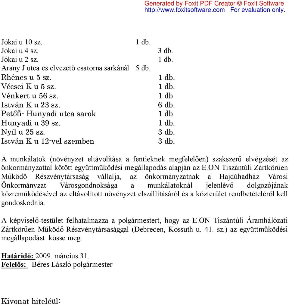 1 db A munkálatok (növényzet eltávolítása a fentieknek megfelelően) szakszerű elvégzését az önkormányzattal kötött együttműködési megállapodás alapján az E.