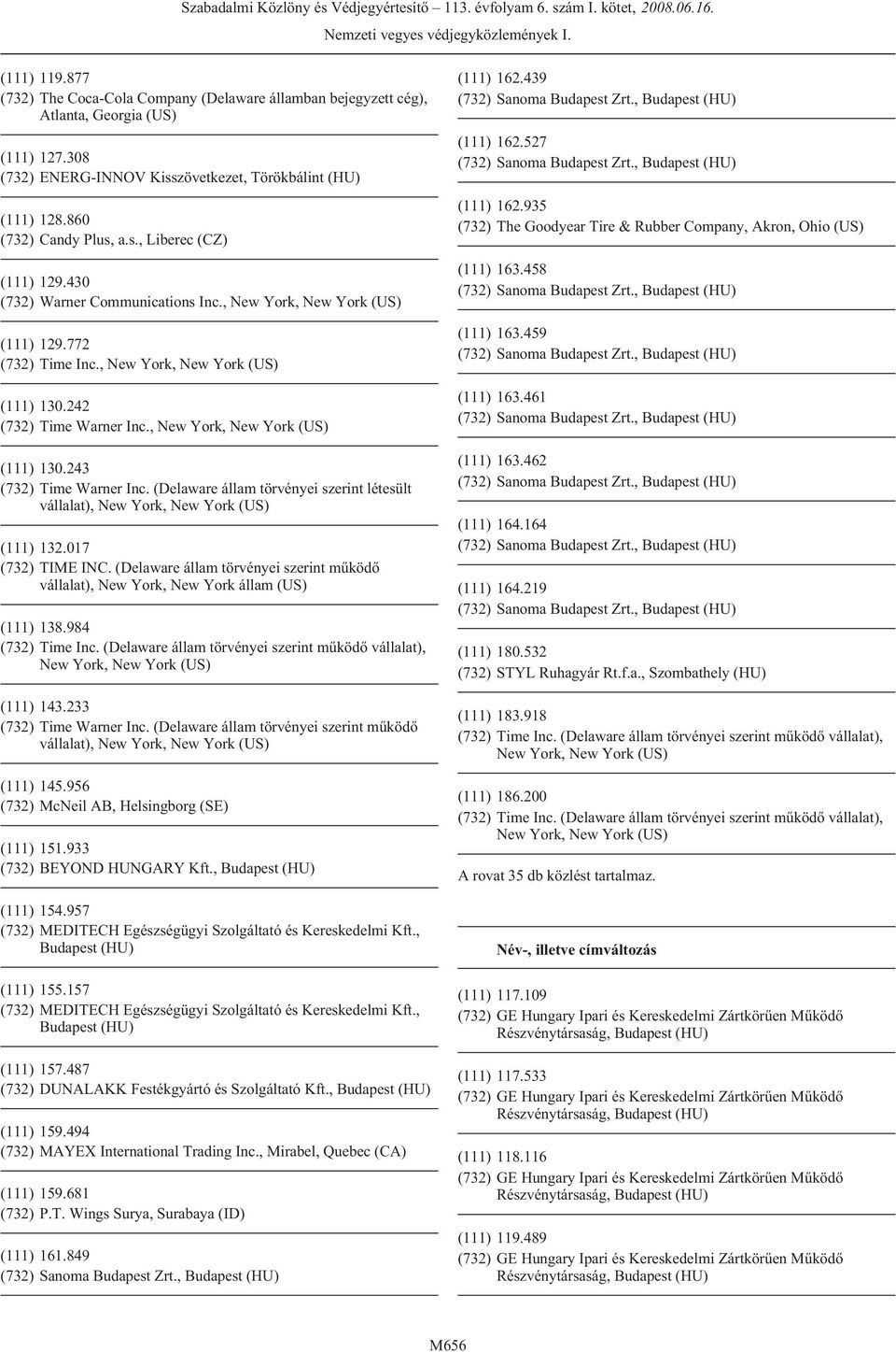 (Delaware állam törvényei szerint létesült vállalat), (111) 132.017 (732) TIME INC. (Delaware állam törvényei szerint mûködõ vállalat), New York, New York állam (US) (111) 138.984 (111) 143.