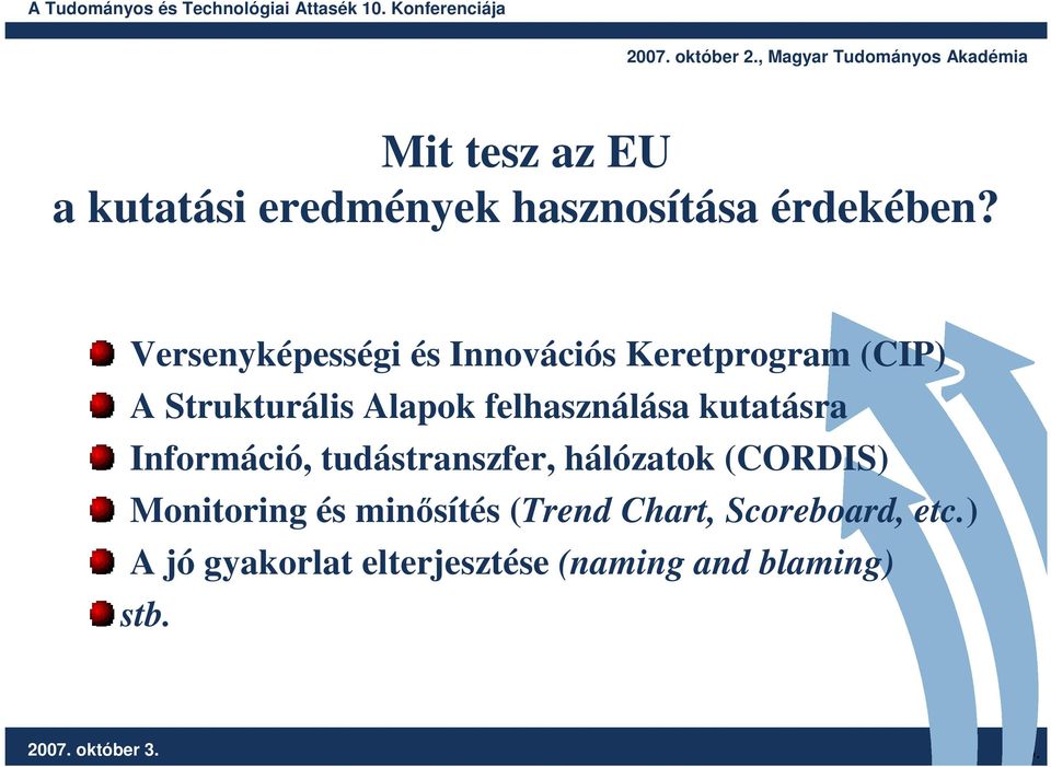 felhasználása kutatásra Információ, tudástranszfer, hálózatok (CORDIS) Monitoring