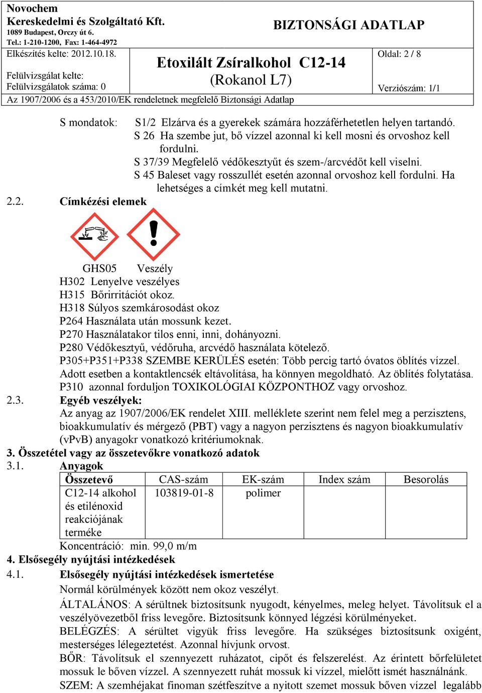 2. Címkézési elemek GHS05 Veszély H302 Lenyelve veszélyes H315 Bőrirritációt okoz. H318 Súlyos szemkárosodást okoz P264 Használata után mossunk kezet. P270 Használatakor tilos enni, inni, dohányozni.