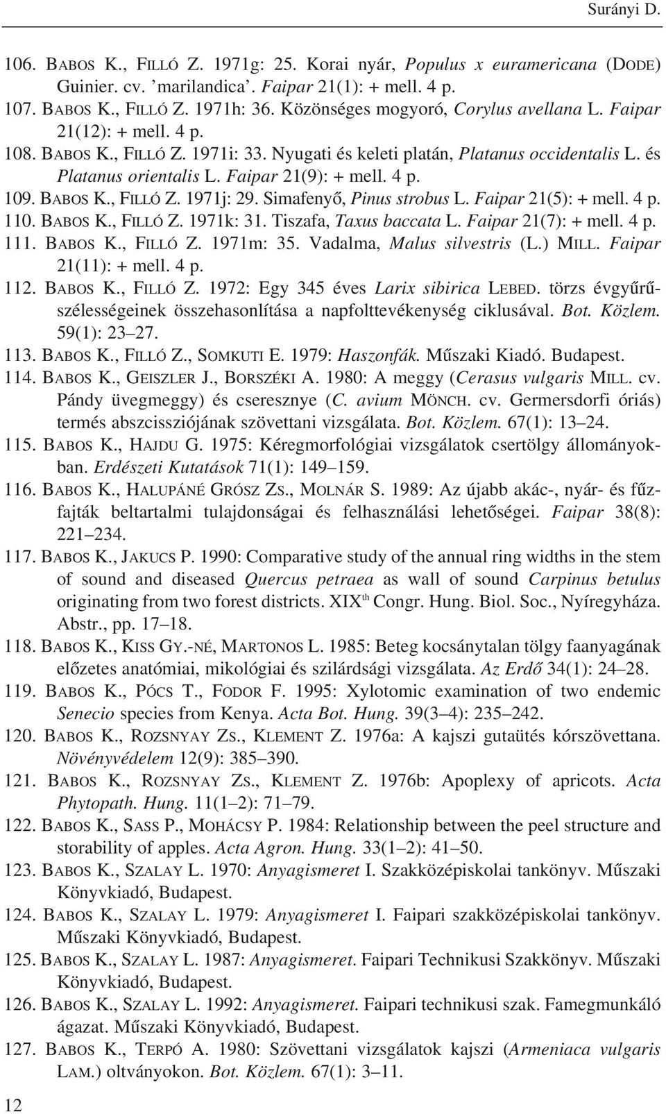 Simafenyô, Pinus strobus L. Faipar 21(5): 110. BABOS K., FILLÓ Z. 1971k: 31. Tiszafa, Taxus baccata L. Faipar 21(7): 111. BABOS K., FILLÓ Z. 1971m: 35. Vadalma, Malus silvestris (L.) MILL.