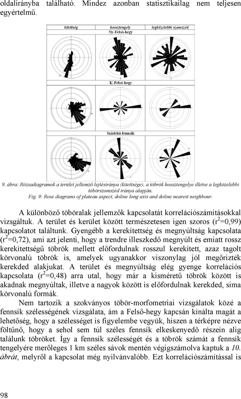 9: Rose diagrams of plateau aspect, doline long axis and doline nearest neighbour. A különböző töböralak jellemzők kapcsolatát korrelációszámításokkal vizsgáltuk.