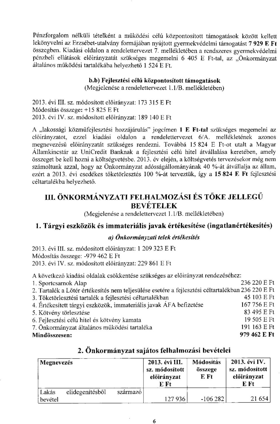 mellékletében a rendszeres gyermekvédelmi pénzbeli ellátások át szükséges megemelni 6 405 E Ft-tal, az Önkormányzat általános működési tartalékába helyezhető 1 524 E Ft. b.