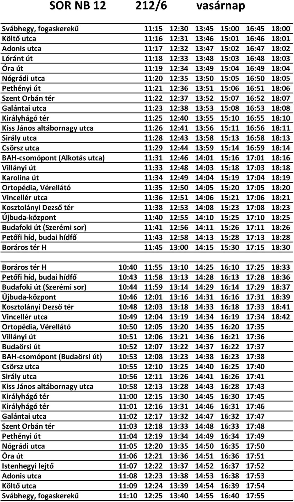 15:07 16:52 18:07 Galántai utca 11:23 12:38 13:53 15:08 16:53 18:08 Királyhágó tér 11:25 12:40 13:55 15:10 16:55 18:10 Kiss János altábornagy utca 11:26 12:41 13:56 15:11 16:56 18:11 Sirály utca