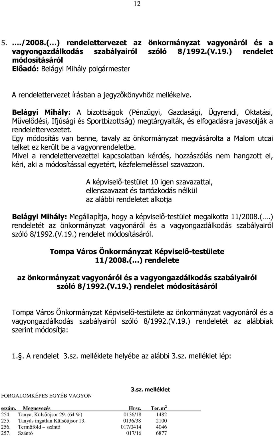 Egy módosítás van benne, tavaly az önkormányzat megvásárolta a Malom utcai telket ez került be a vagyonrendeletbe.