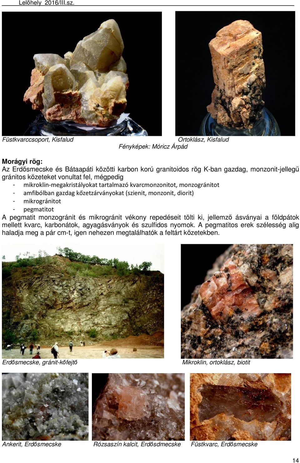 pegmatitot A pegmatit monzogránit és mikrogránit vékony repedéseit tölti ki, jellemző ásványai a földpátok mellett kvarc, karbonátok, agyagásványok és szulfidos nyomok.