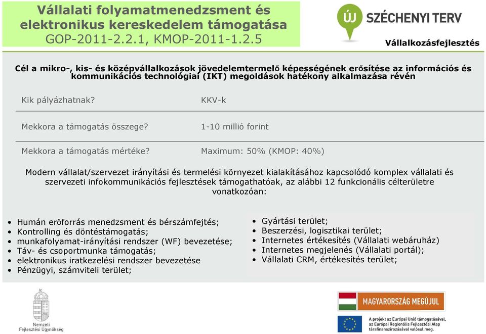 alkalmazása révén Kik pályázhatnak? KKV-k Mekkora a támogatás összege? 1-10 millió forint Mekkora a támogatás mértéke?