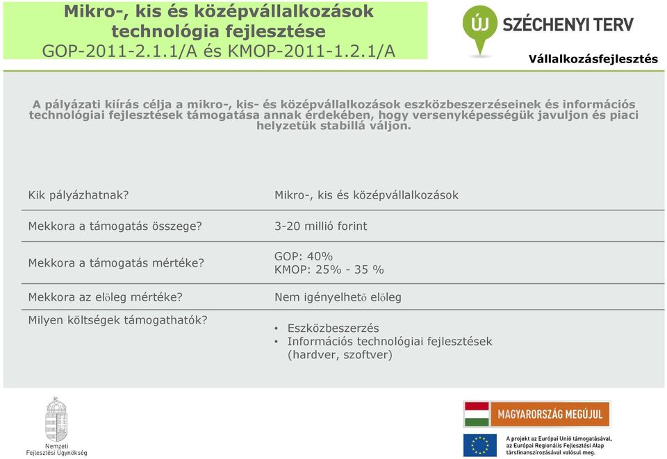 technológiai fejlesztések támogatása annak érdekében, hogy versenyképességük javuljon és piaci helyzetük stabillá váljon. Kik pályázhatnak?