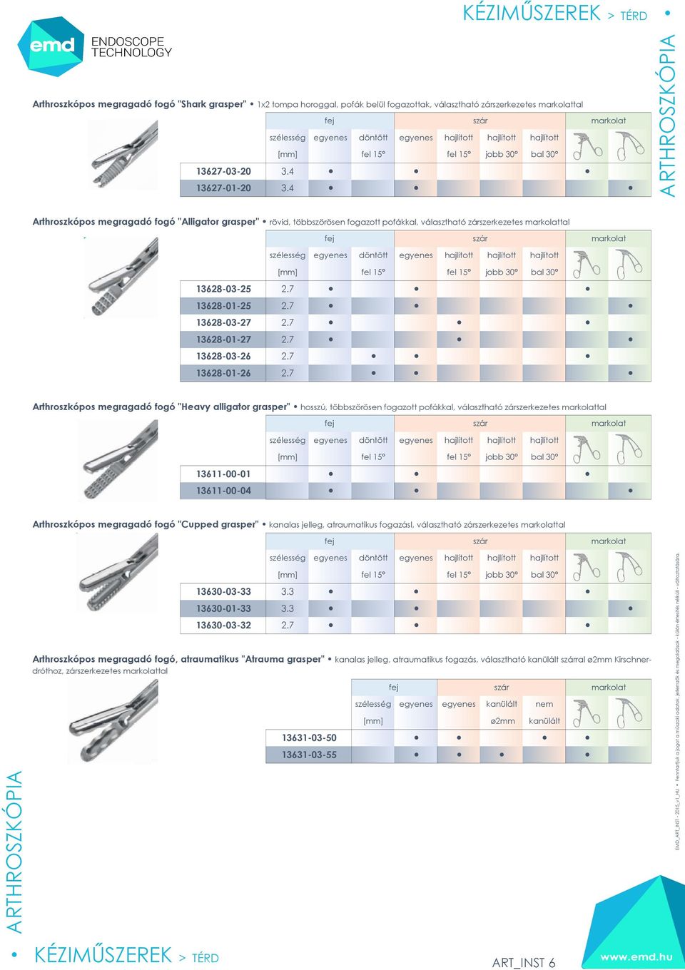 4 Arthroszkópos megragadó fogó "Alligator grasper" rövid, többszörösen fogazott pofákkal, választható zárszerkezetes tal egyenes döntött egyenes EMD_ART_INST_2015_v1_HU Fenntartjuk a jogot a műszaki