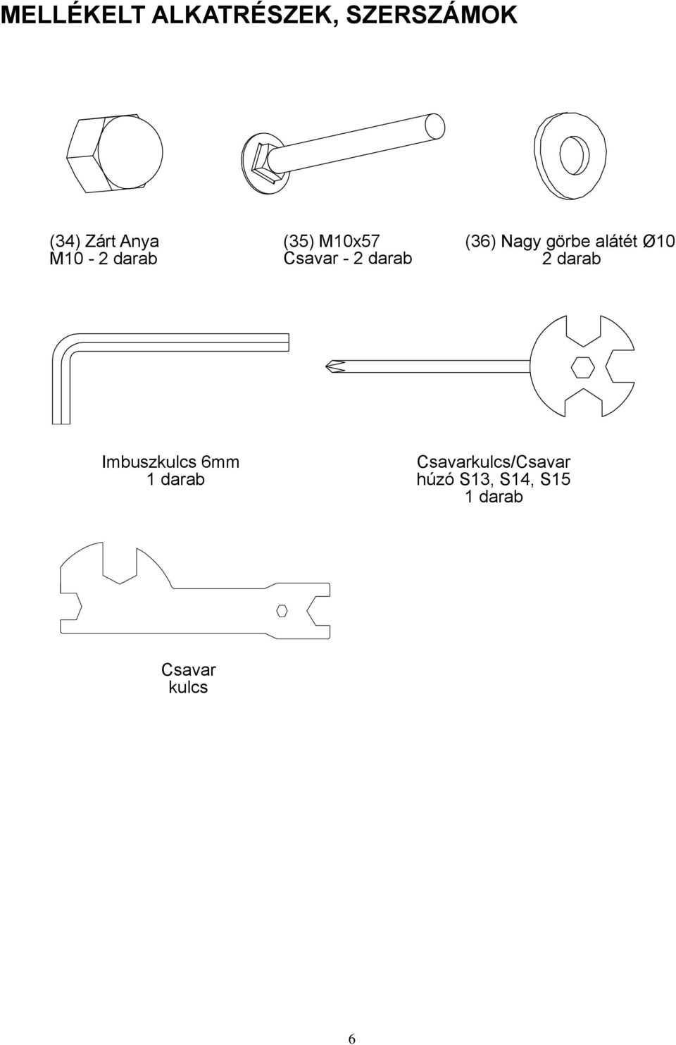 görbe alátét Ø10 2 darab Imbuszkulcs 6mm 1 darab