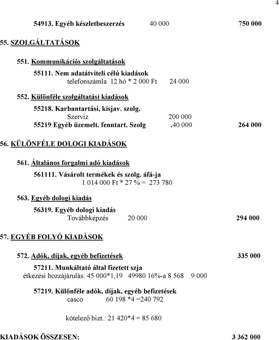 Általános forgalmi adó kiadások 561111. Vásárolt termékek és szolg. áfá-ja 1 014 000 Ft * 27 % = 273 780 563. Egyéb dologi kiadás 56319. Egyéb dologi kiadás Továbbképzés 20 000 294 000 57.