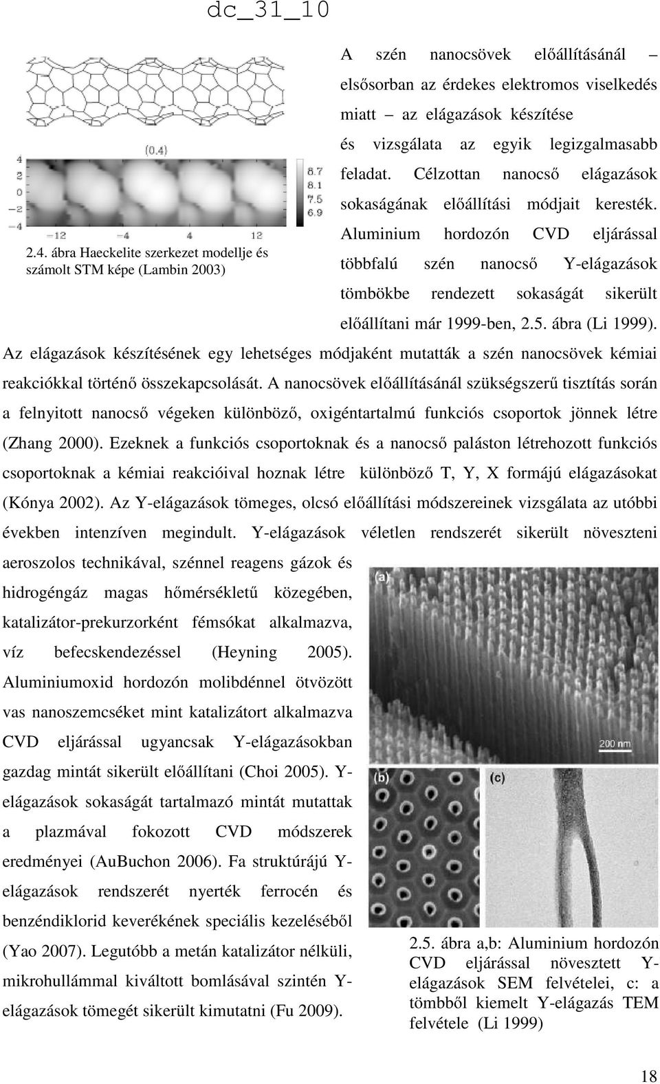 Aluminium hordozón CVD eljárással többfalú szén nanocső Y-elágazások tömbökbe rendezett sokaságát sikerült előállítani már 1999-ben, 2.5. ábra (Li 1999).