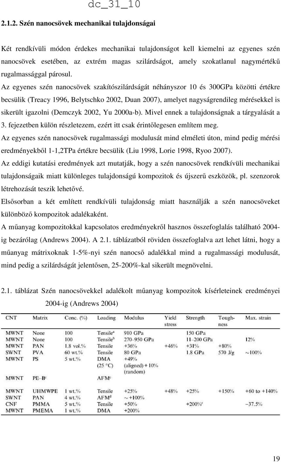 Az egyenes szén nanocsövek szakítószilárdságát néhányszor 10 és 300GPa közötti értékre becsülik (Treacy 1996, Belytschko 2002, Duan 2007), amelyet nagyságrendileg mérésekkel is sikerült igazolni