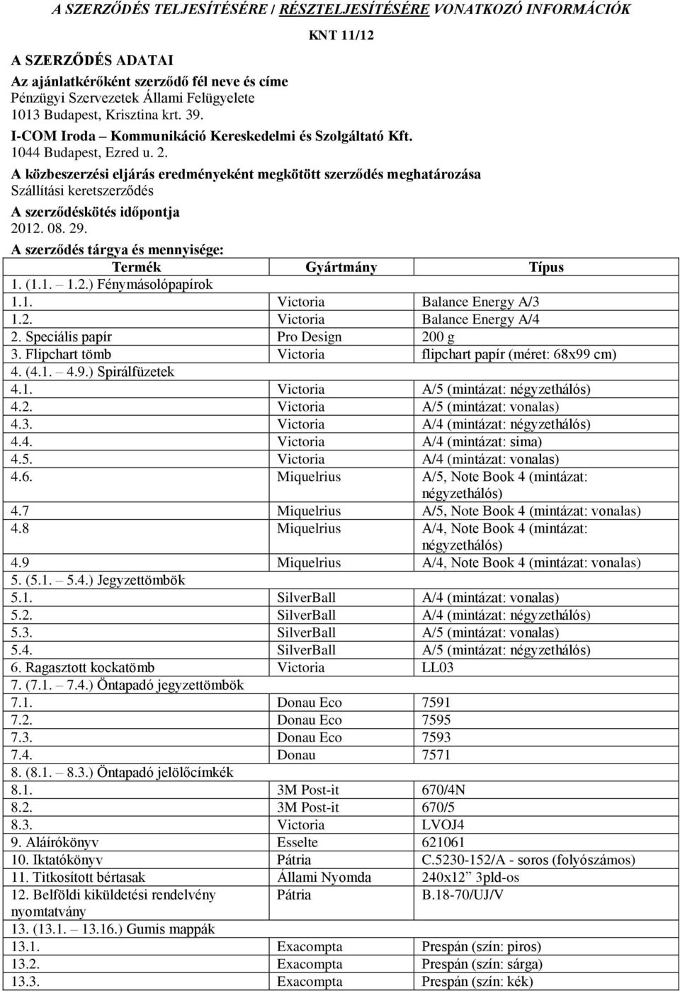 A közbeszerzési eljárás eredményeként megkötött szerződés meghatározása Szállítási keretszerződés A szerződéskötés időpontja 2012. 08. 29. A szerződés tárgya és mennyisége: Termék Gyártmány Típus 1.