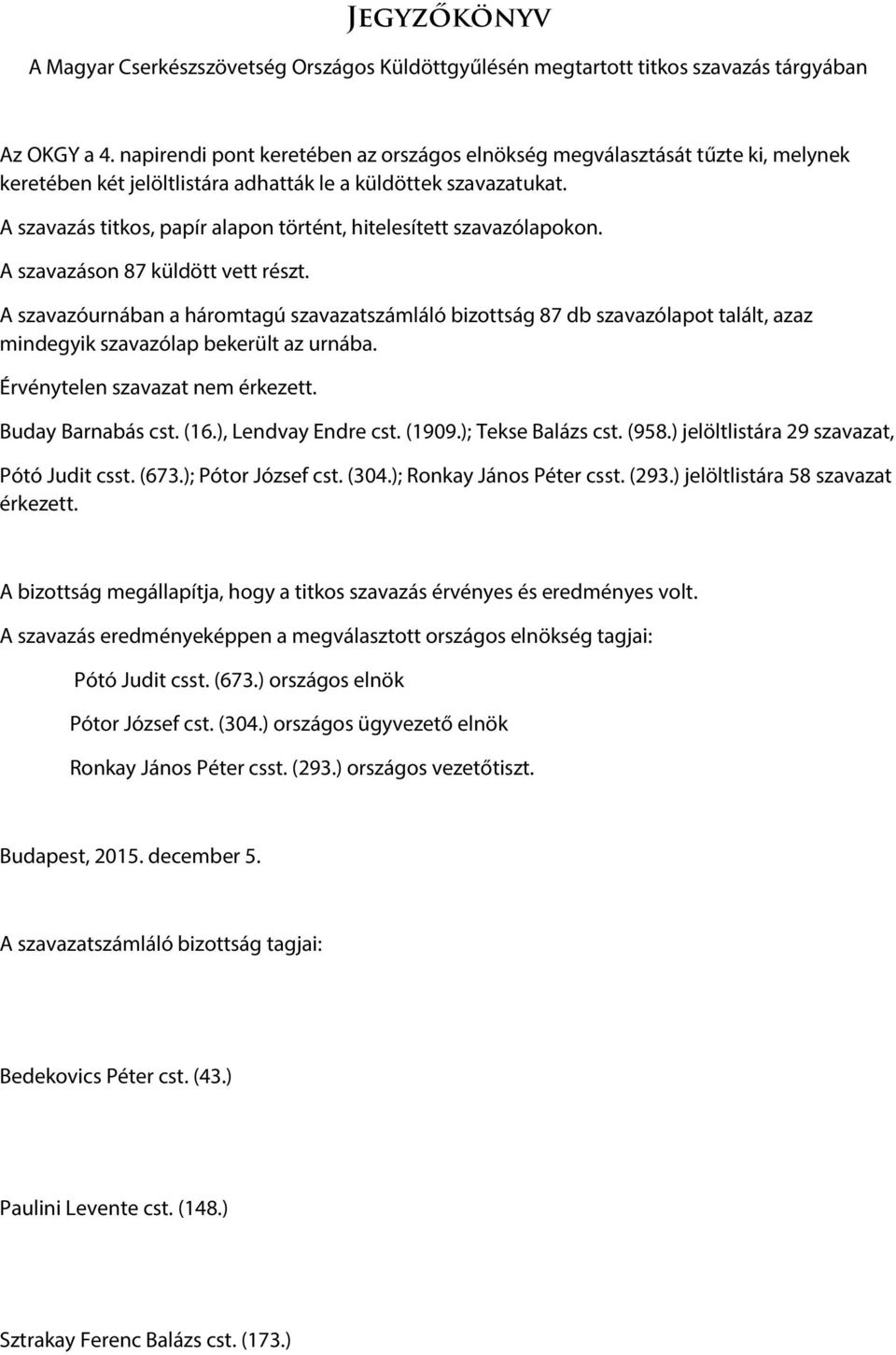 A szavazás titkos, papír alapon történt, hitelesített szavazólapokon. A szavazáson 87 küldött vett részt.