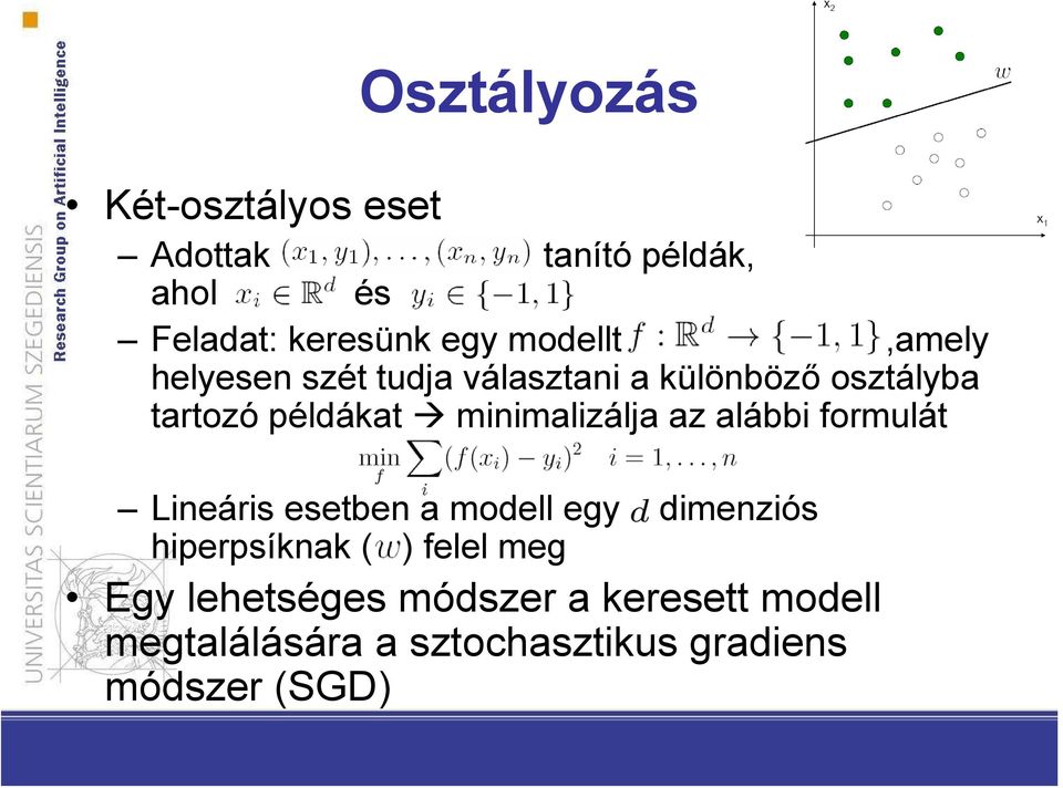 minimalizálja az alábbi formulát Lineáris esetben a modell egy dimenziós hiperpsíknak ( )